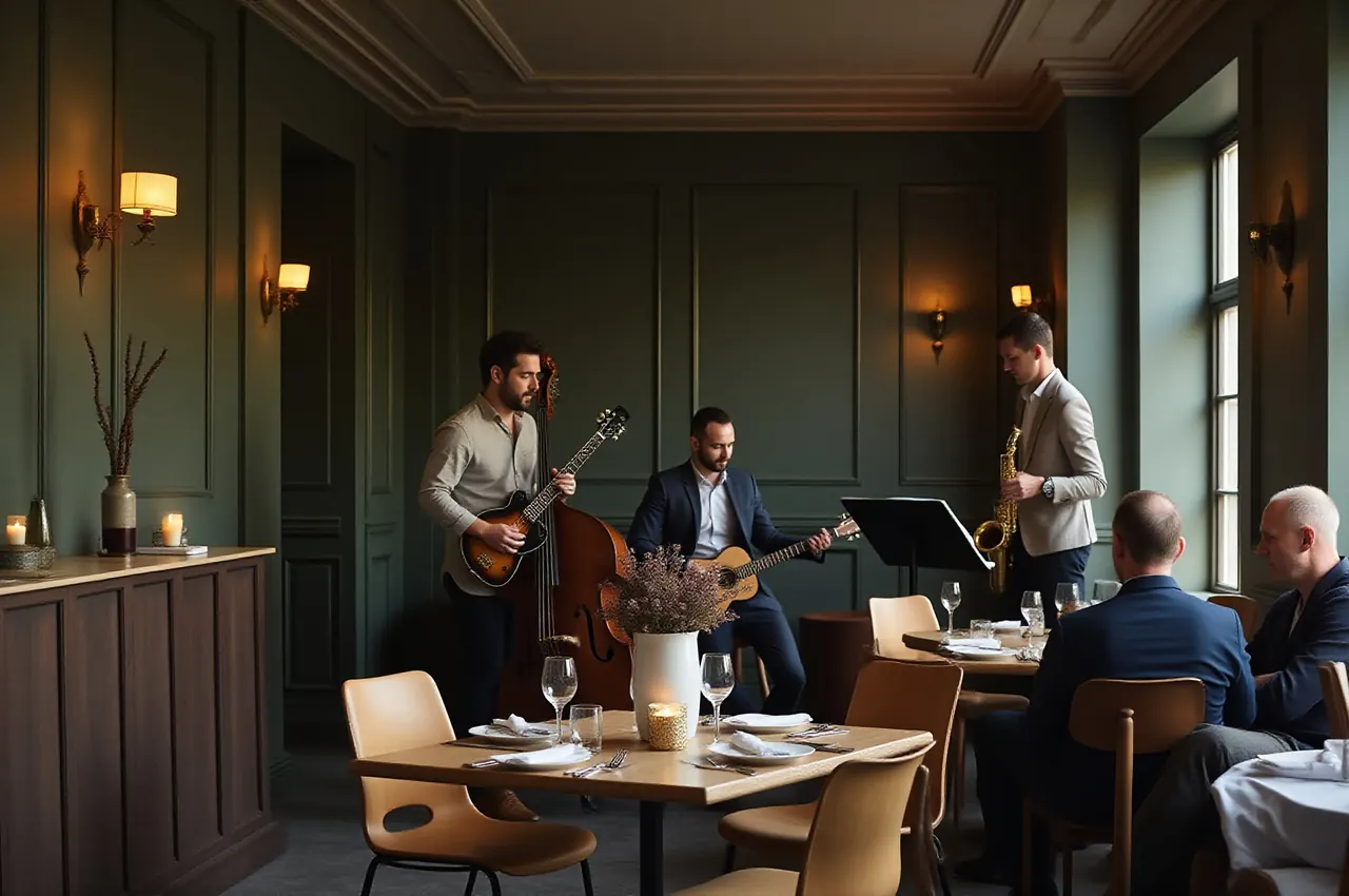 Trio jazzowe grające na małej scenie w lounge'u, goście słuchają przy stolikach
