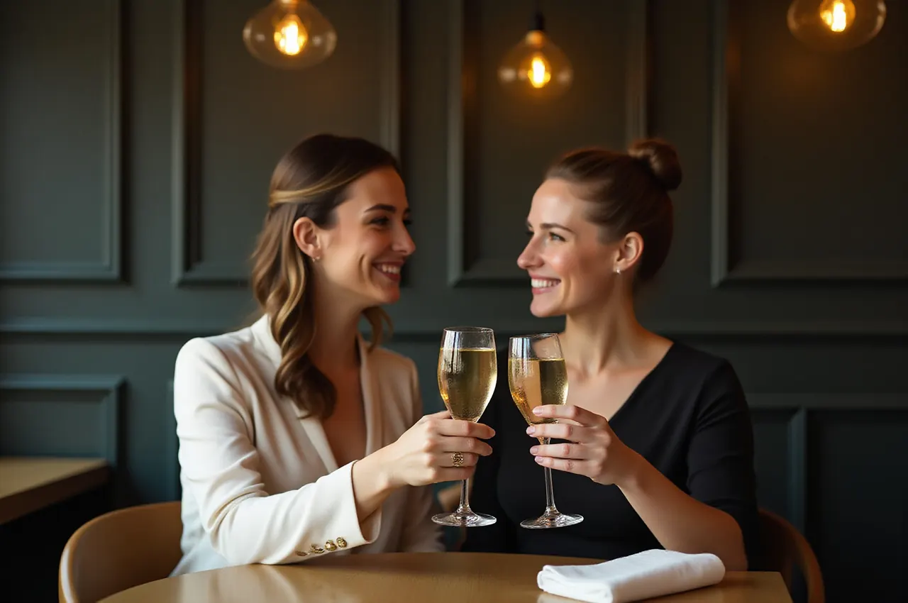 Para w strojach wieczorowych wznosi toast kieliszkami wina musującego przy stoliku w brasserie