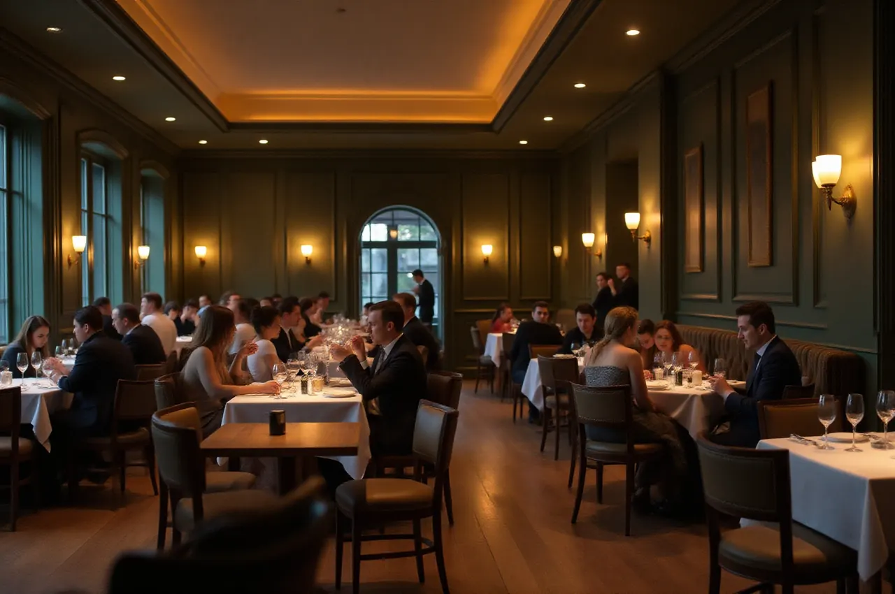 Sala Brasserie Oliwin wieczorem: goście przy stołach ze świecami, ściany w kolorze czarnej oliwki i mosiężne lampy