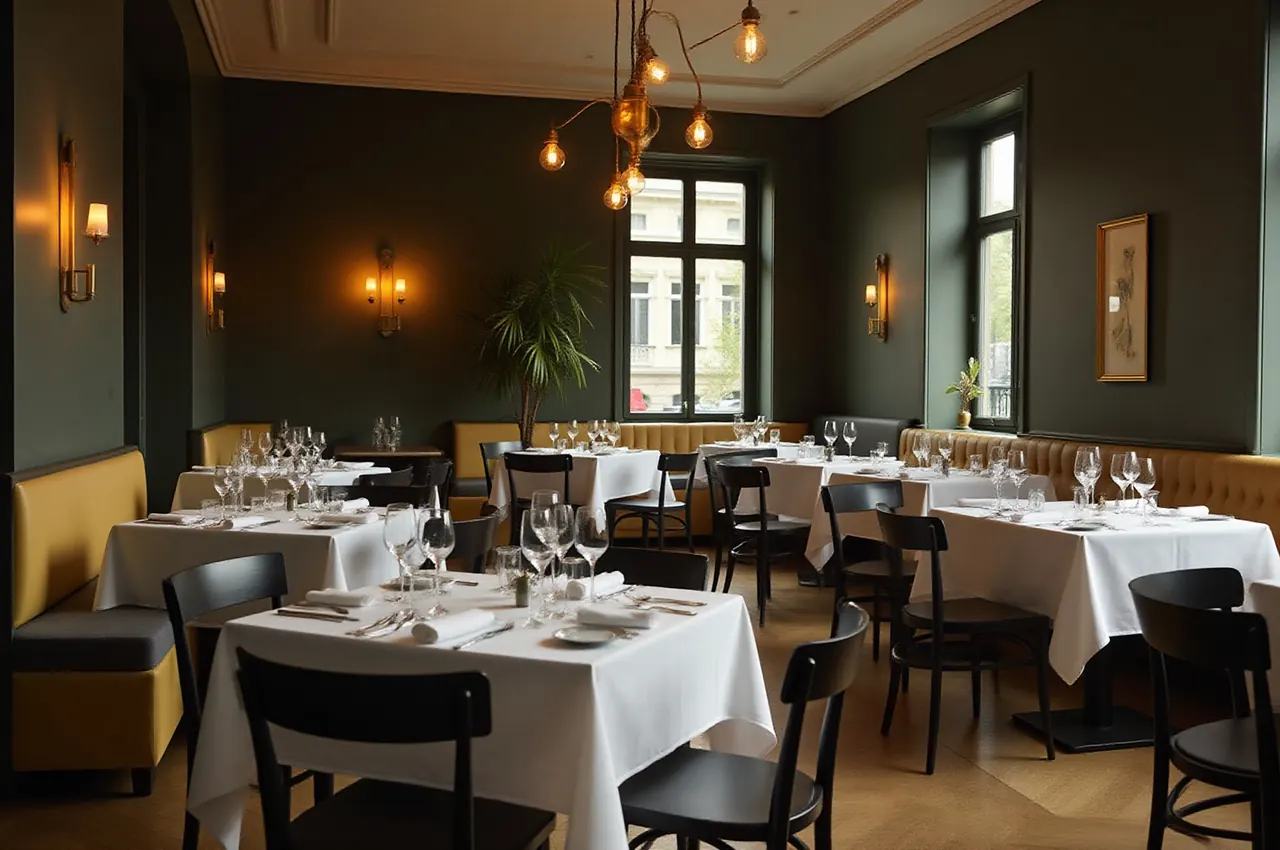 Pusta sala brasserie przed otwarciem z nakrytymi stołami w ciepłym świetle mosiężnych lamp