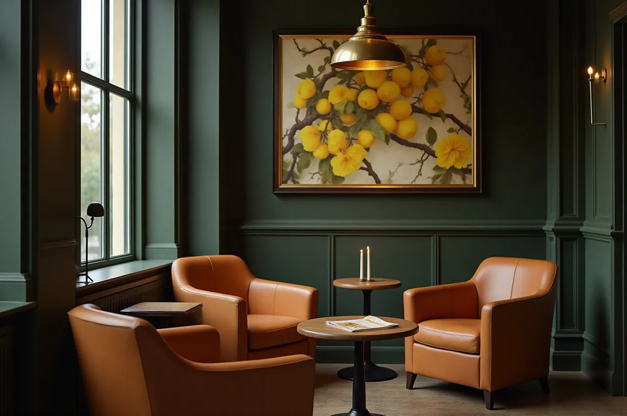 Kącik lounge ze skórzanymi fotelami i niskim stolikiem na tle ciemnooliwkowej ściany