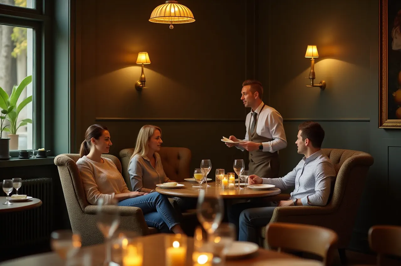Goście odpoczywający w głębokich fotelach w lounge’u po kolacji, kelner podaje drinki